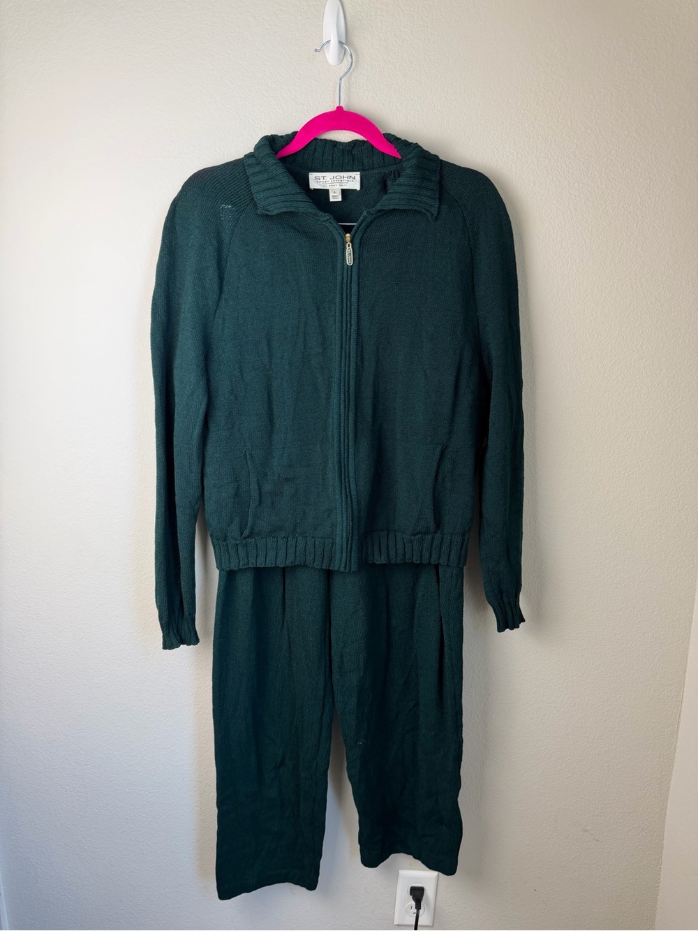 St. John Dark Green Zip-Front Knit Jumpsuit Set